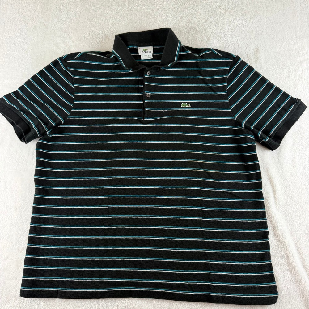 Lacoste Polo Shirt Striped Black Teal Men Size 6 XL Short Sleeve Pique Cotton